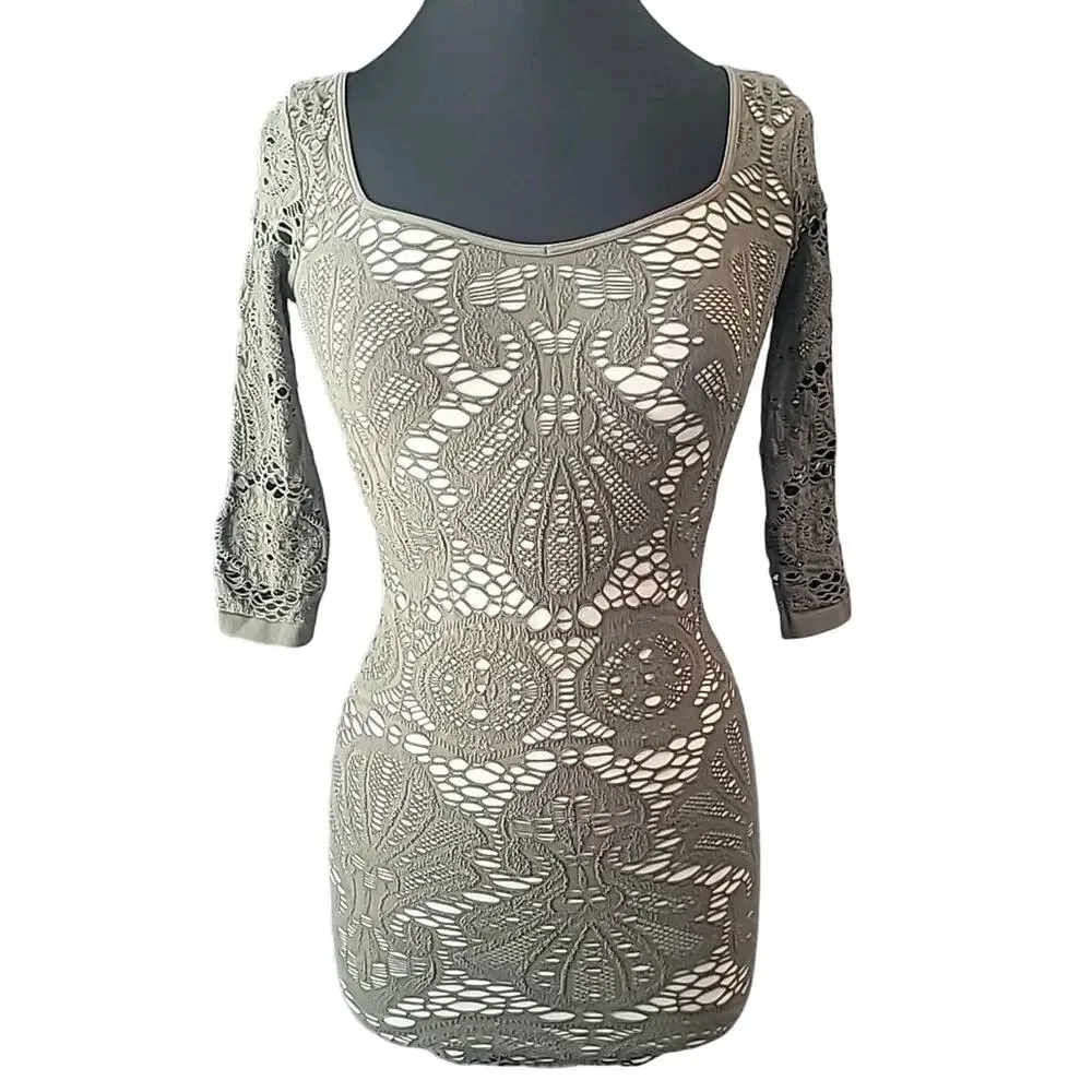 Free People Intimately Green Crochet Long Sleeve Bodycon Mini Dress XS Romantic